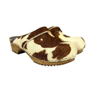 SANITA Brown Cow Print Real Fur Danish Wooden Clogs Mules Size 36